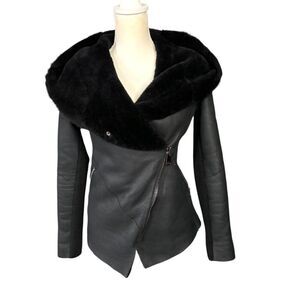 La Reine Blanche Hooded Lambskin Sherpa Lined Women's Jacket Size 36 EU 6 US